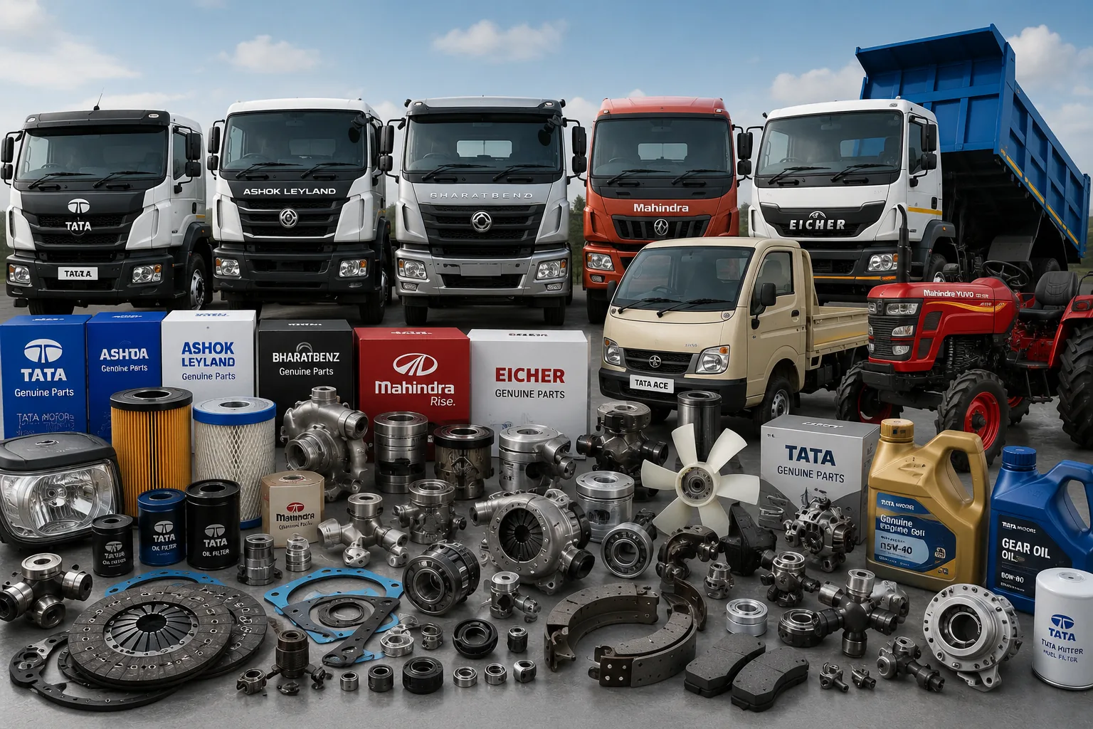 Premium truck and tractor spare parts displayed with Tata, Ashok Leyland, Bharat Benz, Mahindra, Eicher and tractor brands